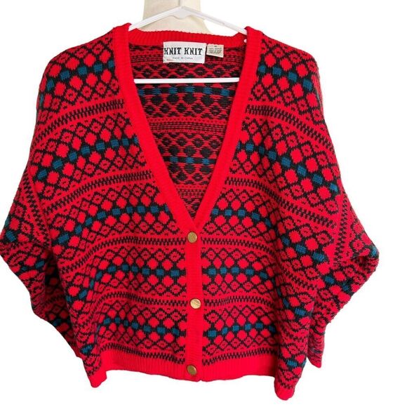 Vtg 80s 90s Cardigan Knit Knit Red Blue Grandpacore Grandmacore M Shoulder Pads - Picture 1 of 8